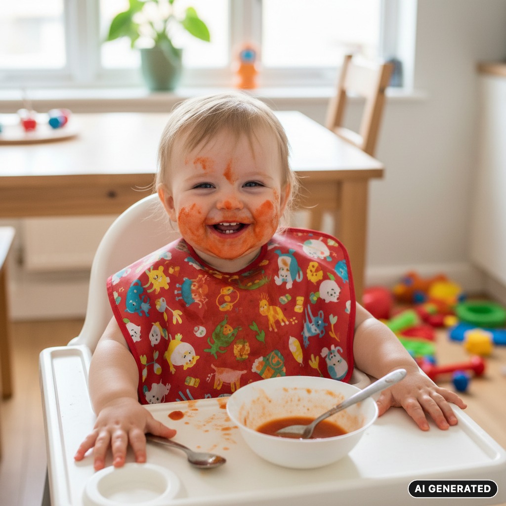 AI Generated: A messy toddler sits in a high chair, smiling broadly with red food smeared all over their face and a patterned bib.