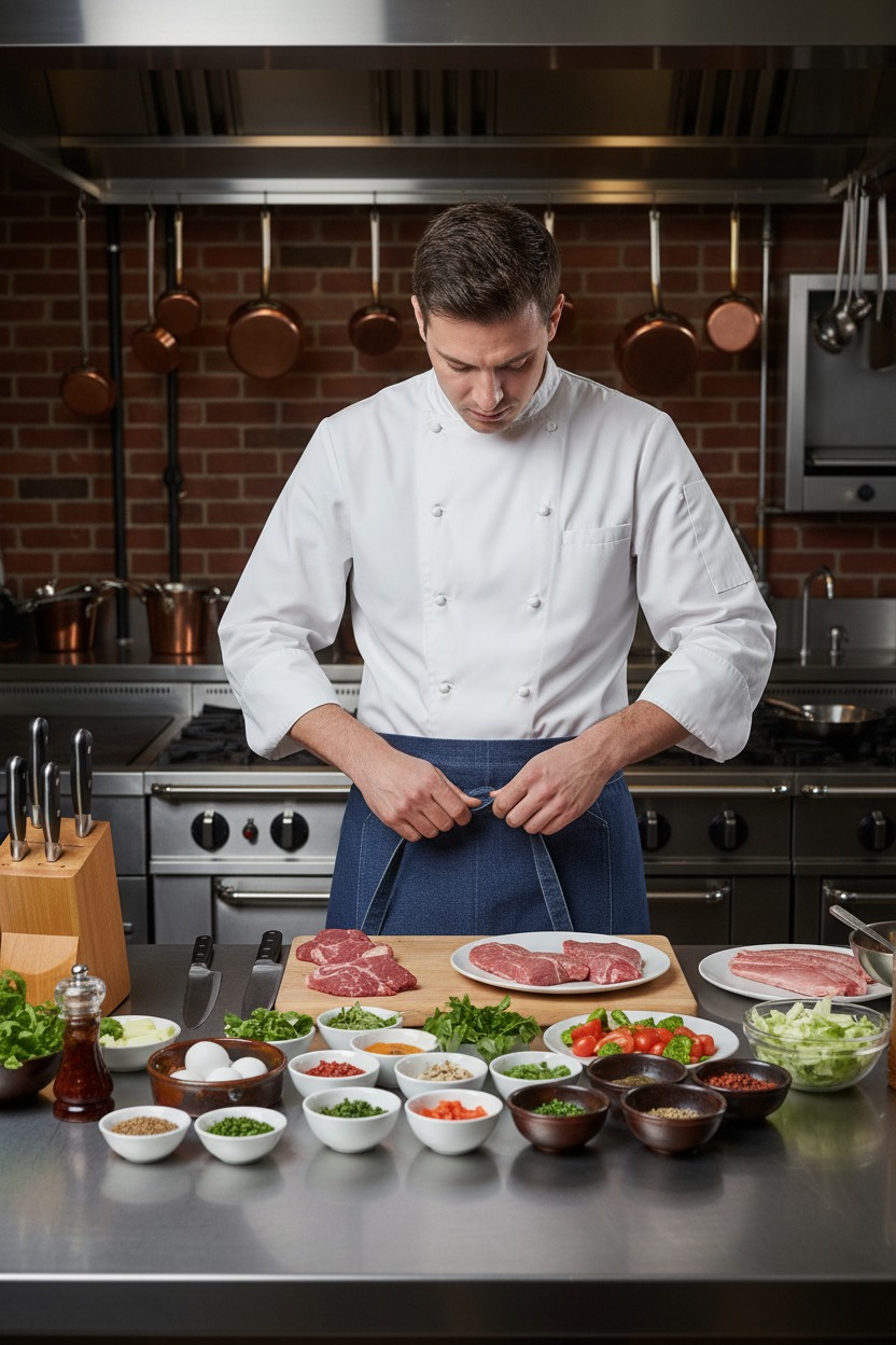 A chef in a white jacket and blue apron stands behind a counter filled with ingredients and prep bowls, tying his apron strings.