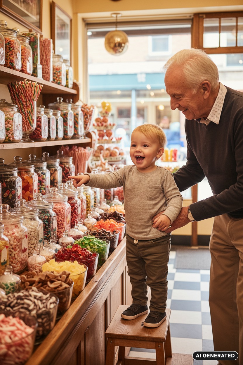AI Generated: A grandfather stands smiling as his young grandson, standing on a wooden stool, points excitedly at shelves filled with colorful jars of candy in a sweet shop.